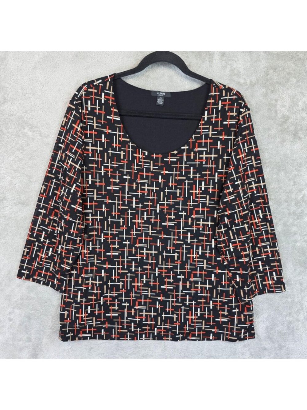 Alfani Blouse Womens 2X Plus Black Scoop Neck 3/4 Sleeve Geometric Knit Top